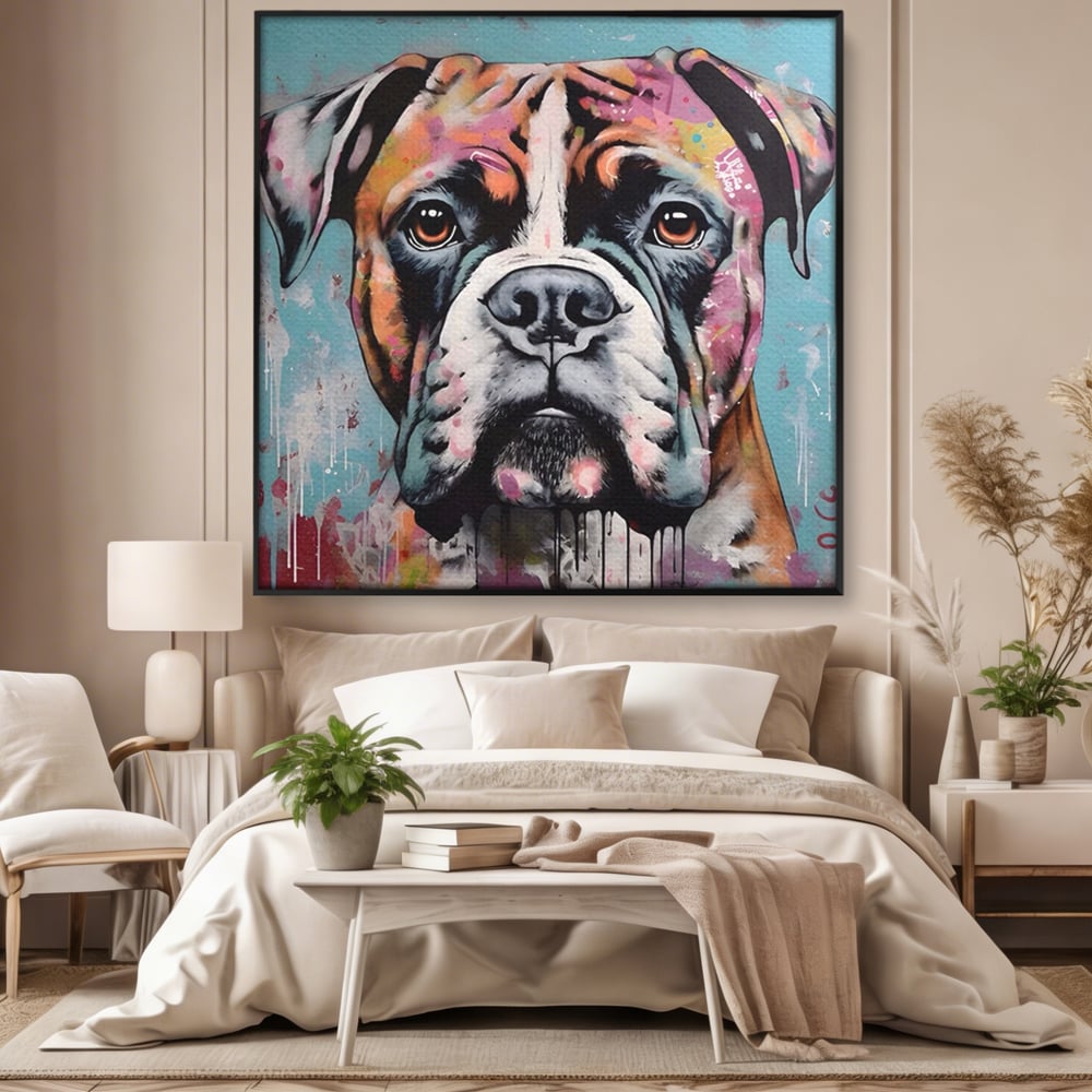 Tablou canvas cu tablou canvas cu cap de boxer, in rama de aluminiu negru, pe perete intr-un dormitor
